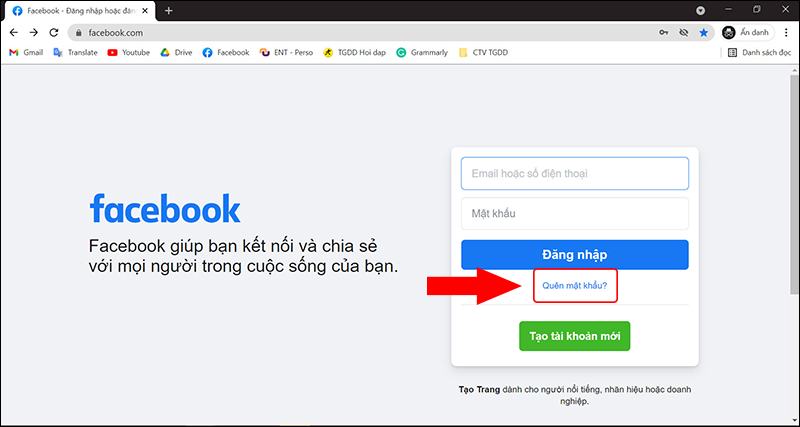 Chọn Quên mật khẩu Facebook